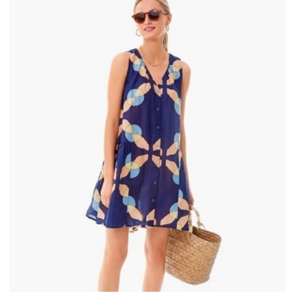 Apiece Apart Risarito Mini Dress Shibori Geo Floral Navy Blue Cotton Silk sz XS